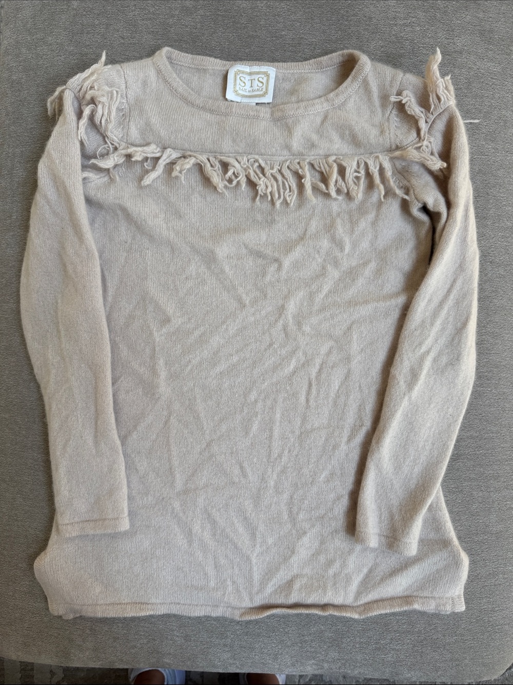 Sail to Sable Fringe-Trim Beige Long Sleeve Knit